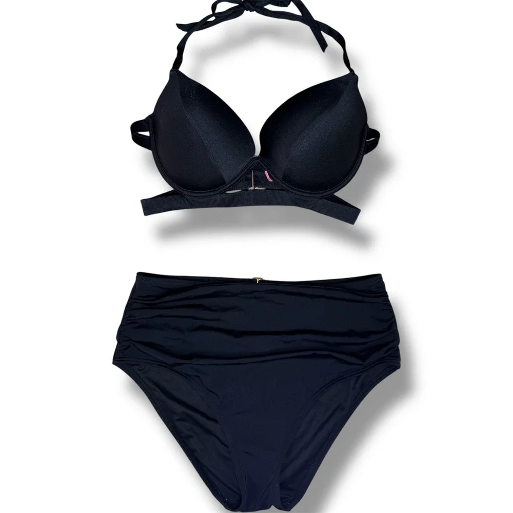 Victorias Secret‎ Black Push Up Halter Bikini Set 36D Large High Waist Ruched